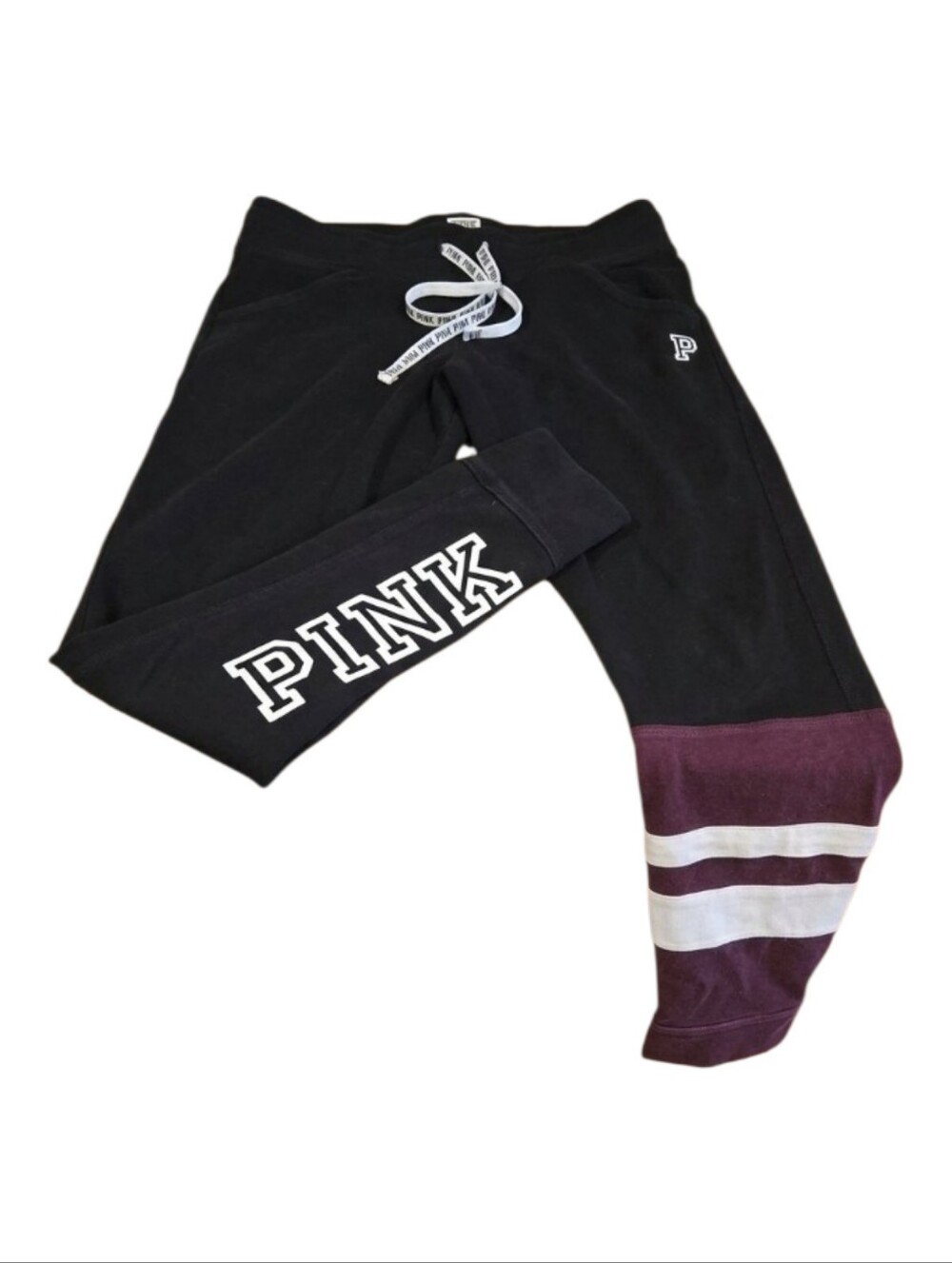 PINK Victoria's Secret Colorblock Yoga Joggers Pants Black Burgundy Stripe M
